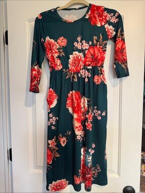 Teal Floral Long-Sleeve Midi Dress with Red Bloom Print